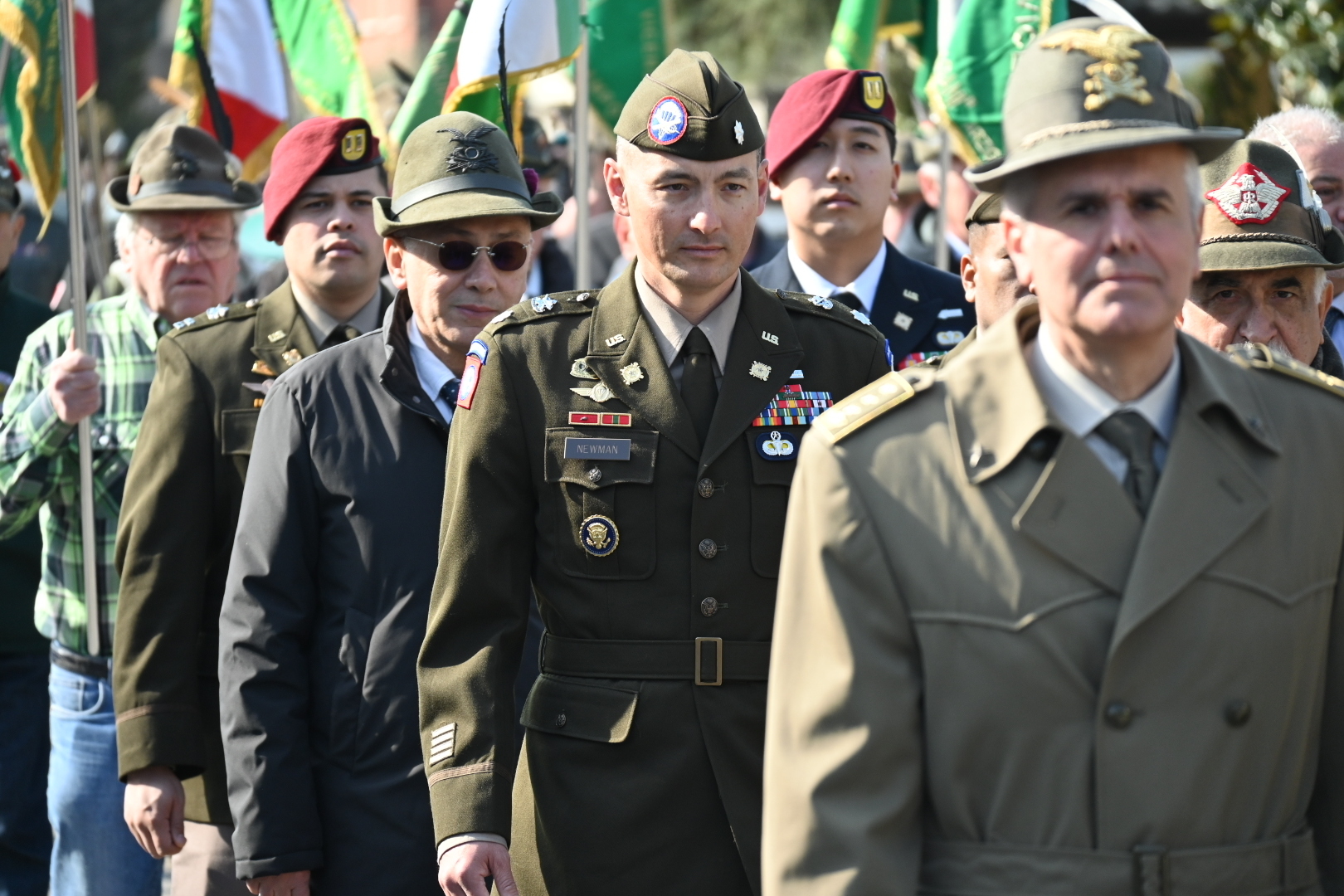 US Army paratroopers assigned to the 173rd Brigade Support Battalion, 173rd Airborne Brigade march with the Italian Alpini as part of a memorial ceremony for Italian Lieutenant Enrico Tigrucci of the 