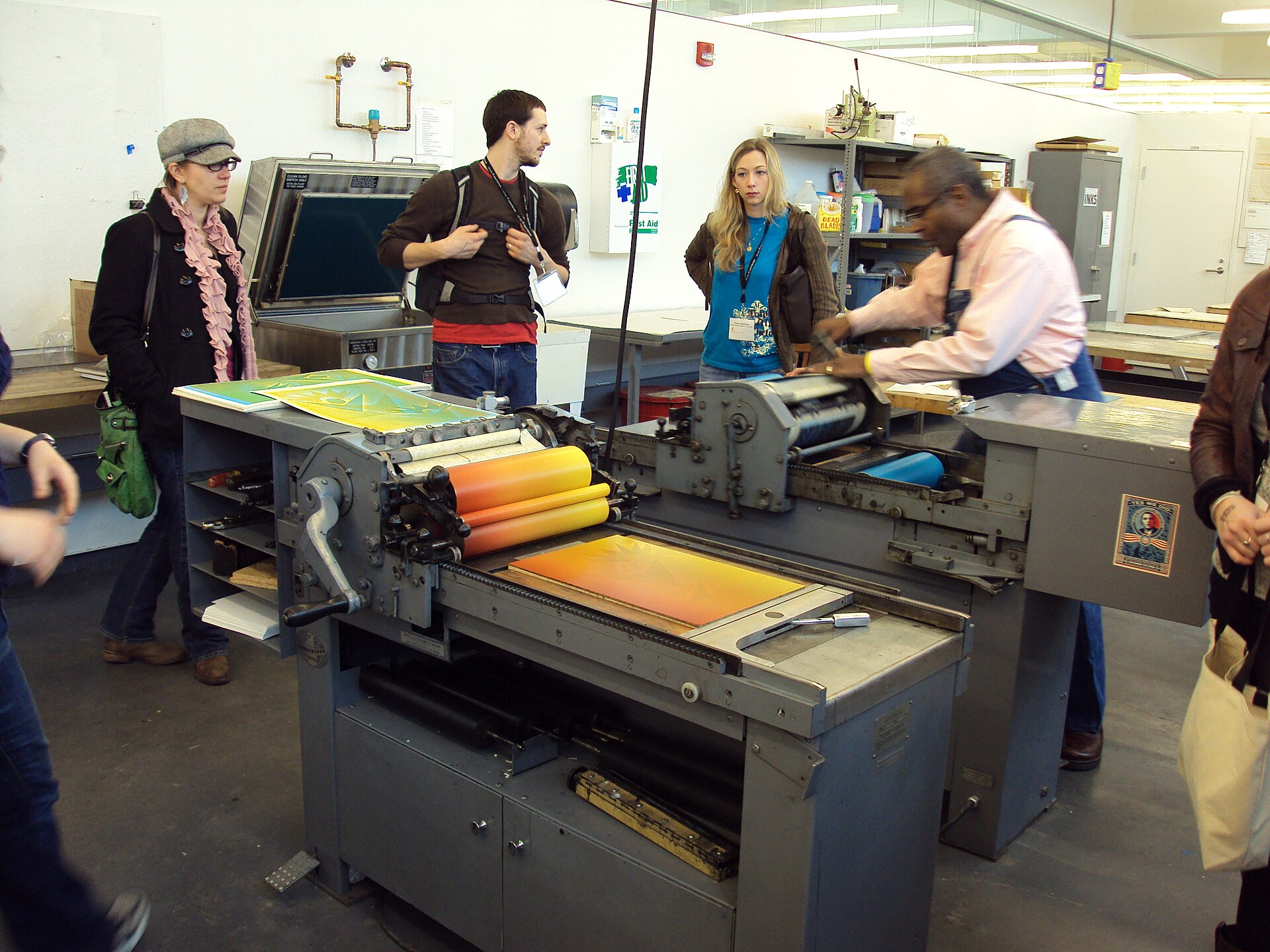 Amos Paul Kennedy, Jr. and others letterpress printing on Vandercook presses at Washington University in St. Louis during the 2011 SGCI conference