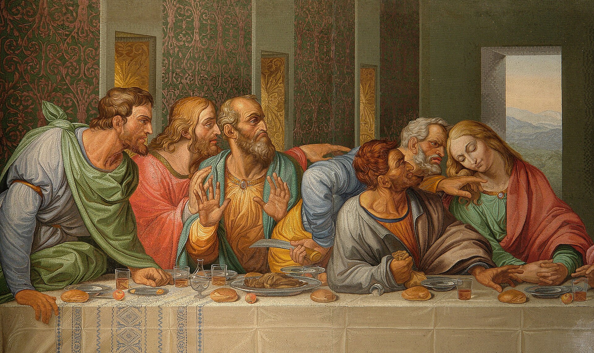 Detail of the copy of the Da Vinci's Last Supper by Giacomo Raffaelli Ordered by Napoleon to the Italian artist w:Giacomo Raffaelli, the mosaic was only terminated after Napoleon's abdication and end 
