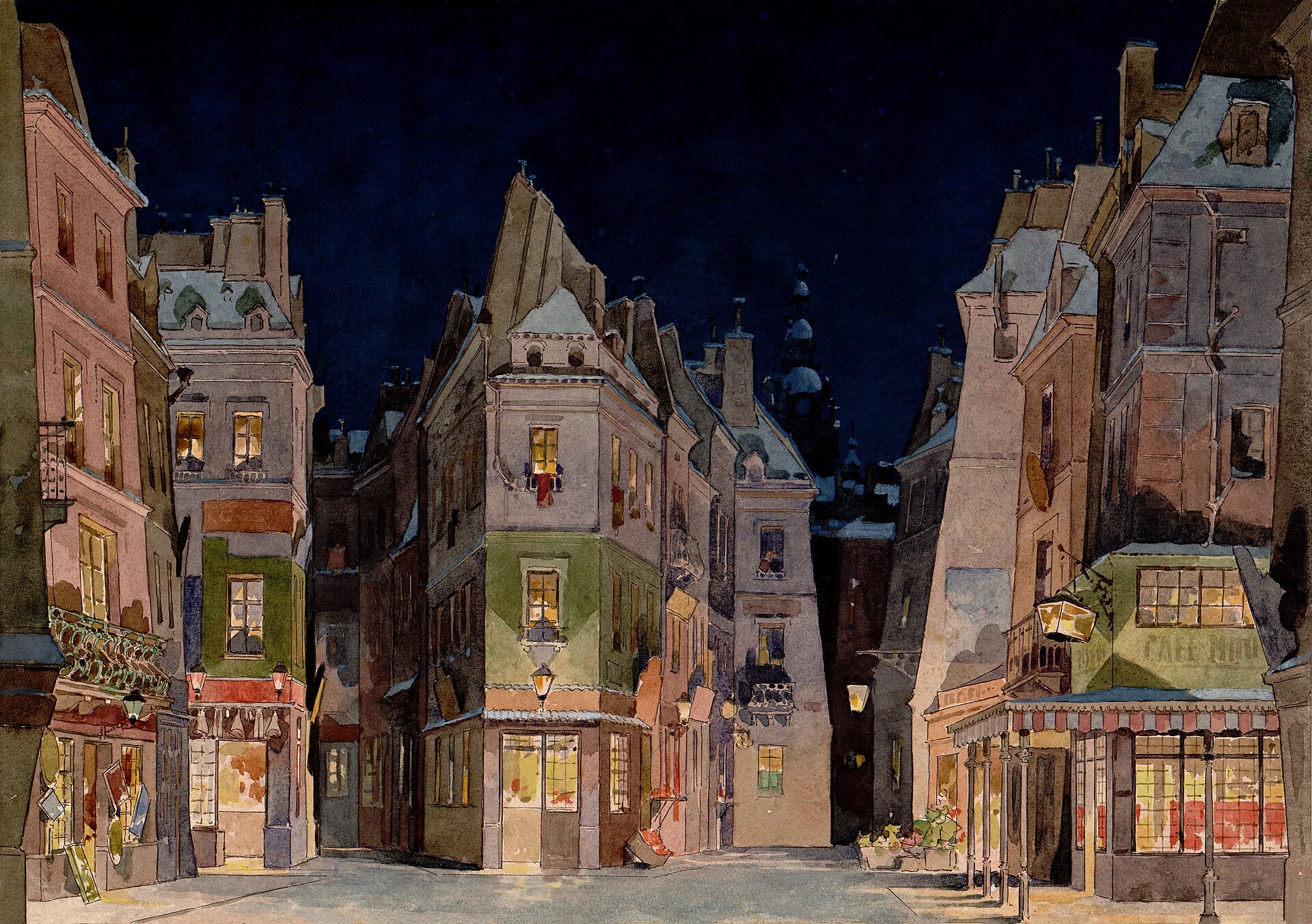 A Paris street - set design for Act II of La bohème for the world premiere performance, Teatro Regio di Torino, 1 February 1896.