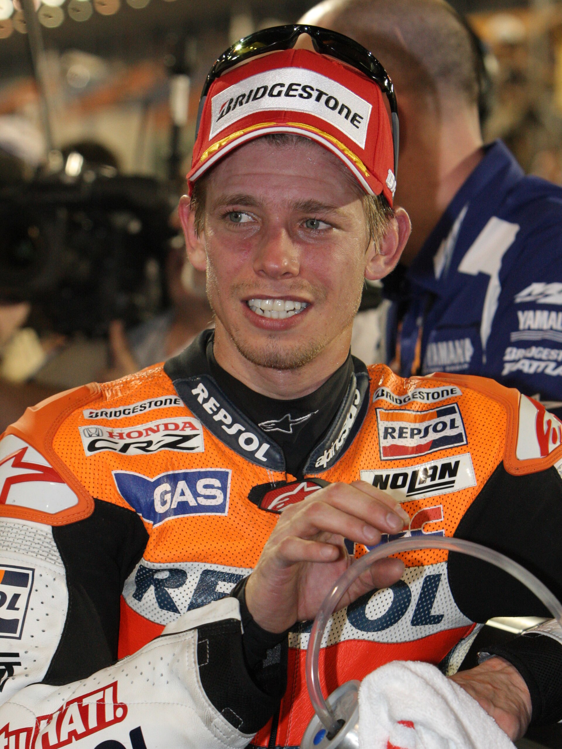 Casey Stoner at parc fermé after finishing in third place at the 2012 Qatar Grand Prix.