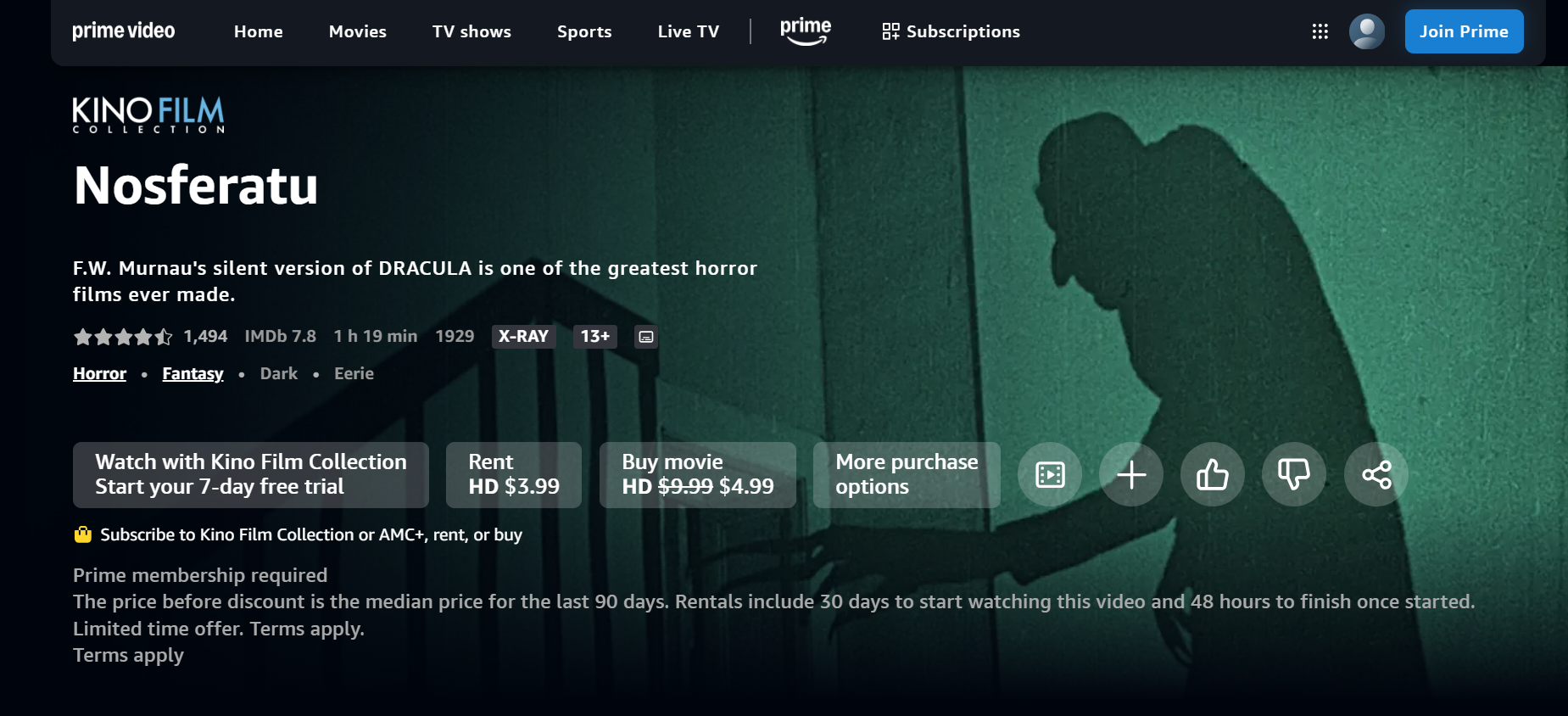 A screenshot of the public domain film Nosferatu on Amazon Prime Video.