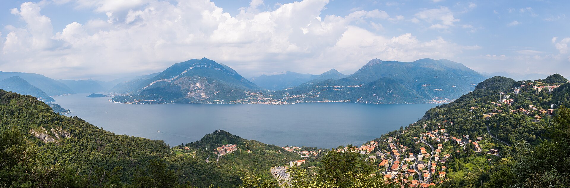Panoramic view of Lake Como, a lake of glacial origin located in Lombardy, Italy. With 146 square kilometres (56 sq mi) it is the third largest in the country, and is over 400 metres (1,300 ft) deep,