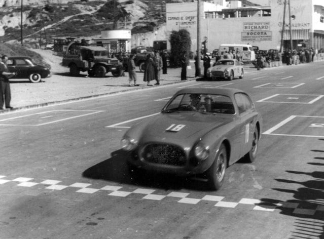 French racecar driver Jean Lucas in the 1952 Ferrari 225 S Vignale Berlinetta s/n 0164ED at Grand Prix Agadir in Morocco on 27 February 1952. He had race #18 and ended in 4th place.[1]
